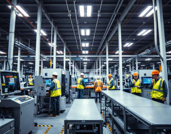 Interior of a modern manufacturing facility with automated machinery and workers, representing US factory activity.