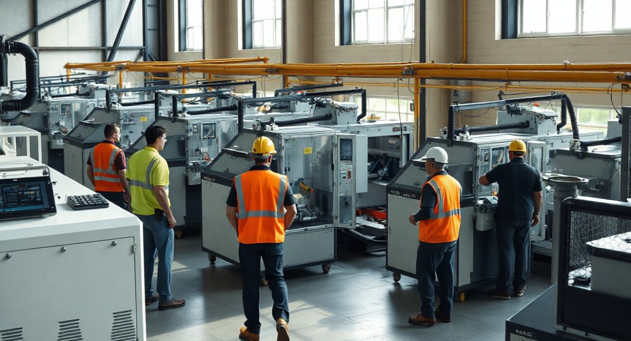 Factory floor with workers and automated machinery, representing US manufacturing activity