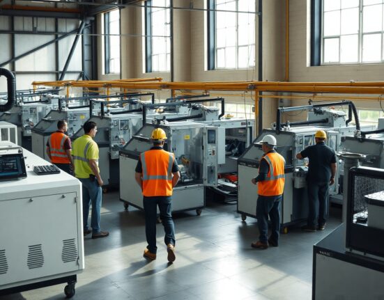 Factory floor with workers and automated machinery, representing US manufacturing activity