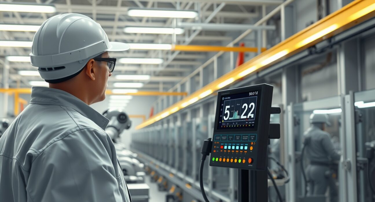 Technician monitors control panel in US factory as Manufacturing PMI rises, symbolizing industrial expansion.