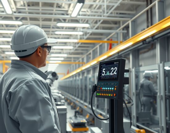 Technician monitors control panel in US factory as Manufacturing PMI rises, symbolizing industrial expansion.