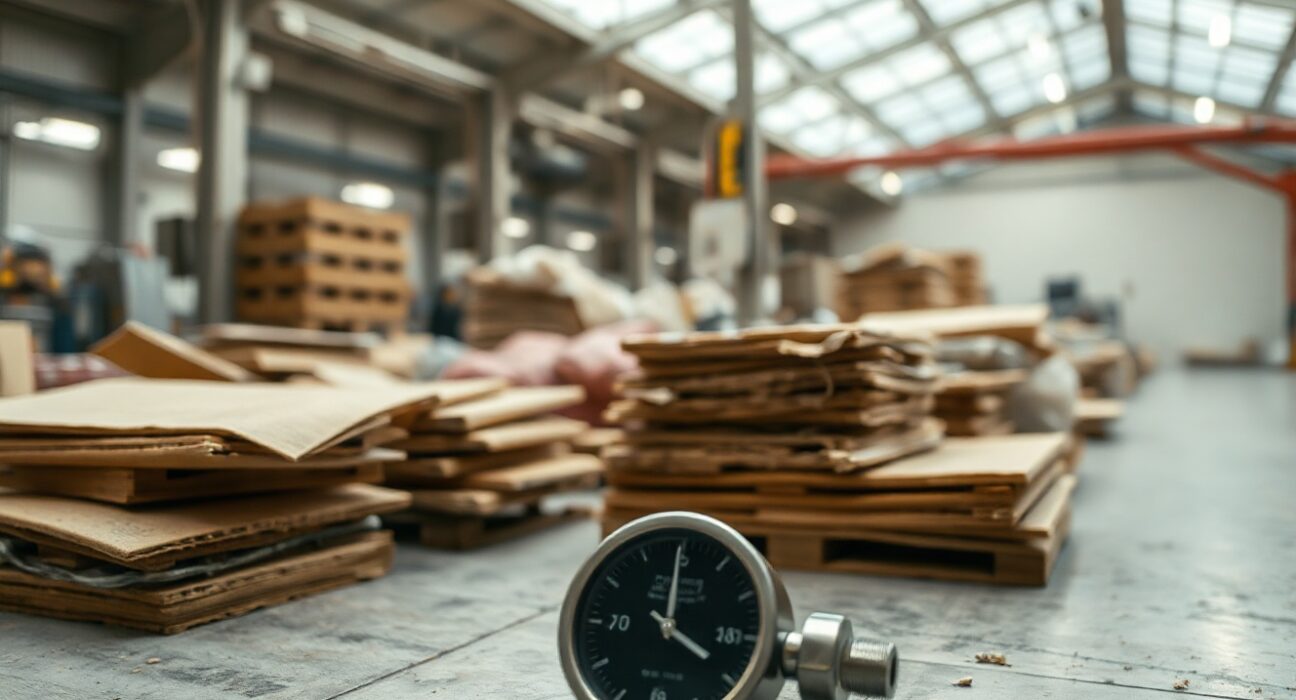 Factory floor with raw materials and a price gauge, representing rising manufacturing input costs.