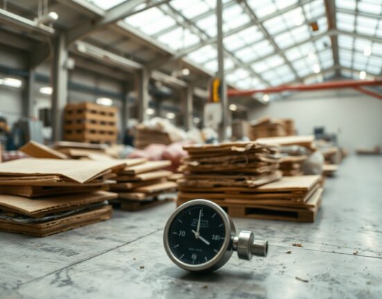 Factory floor with raw materials and a price gauge, representing rising manufacturing input costs.