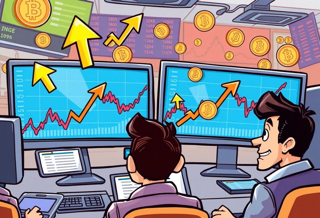Cartoon showing strong US market performance impacting crypto investor sentiment positively.