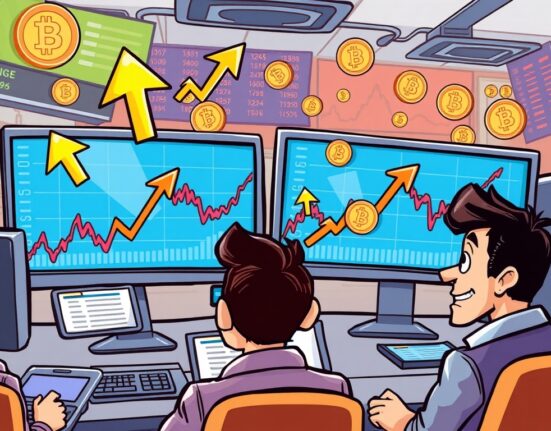 Cartoon showing strong US market performance impacting crypto investor sentiment positively.
