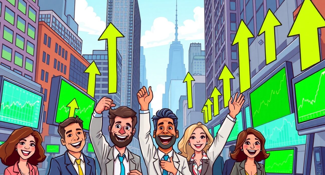 Cartoon showing jubilant investors and rising charts, symbolizing strong US Market Performance and positive economic sentiment.