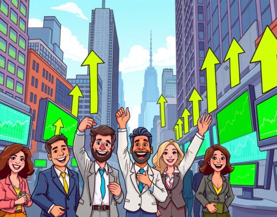 Cartoon showing jubilant investors and rising charts, symbolizing strong US Market Performance and positive economic sentiment.
