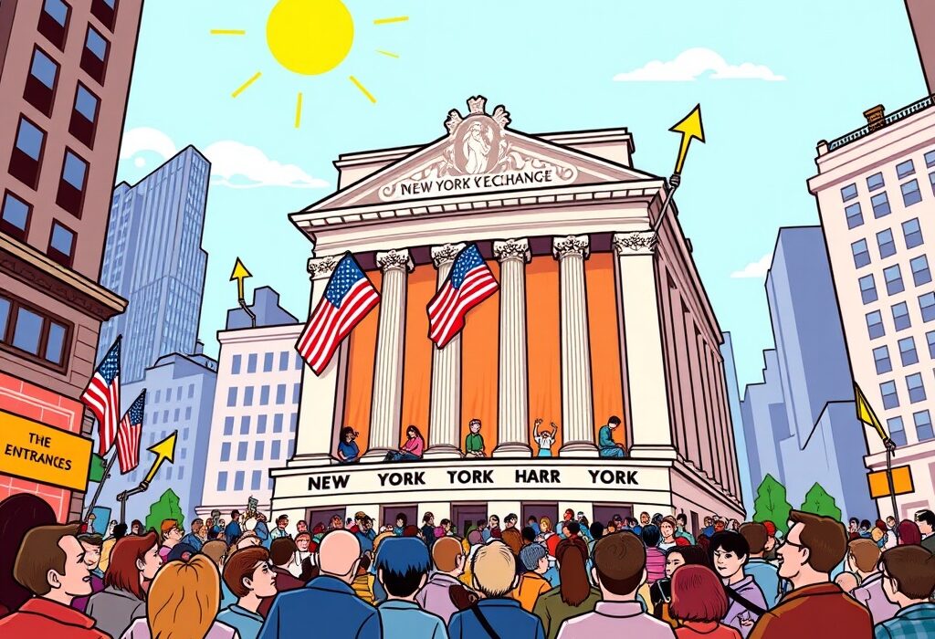 Cartoon illustration depicting a vibrant stock market with upward arrows, symbolizing a strong US market rally and investor optimism.