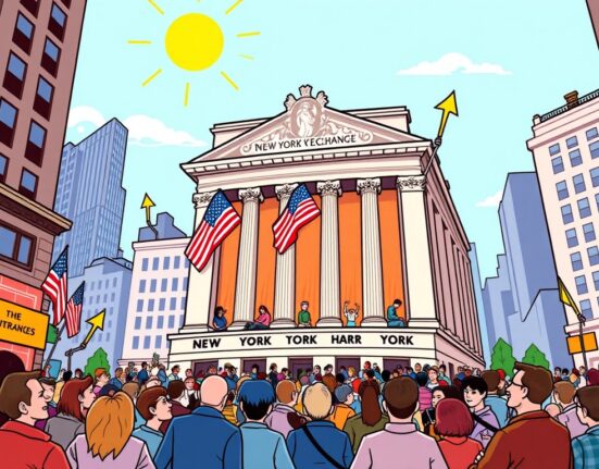 Cartoon illustration depicting a vibrant stock market with upward arrows, symbolizing a strong US market rally and investor optimism.