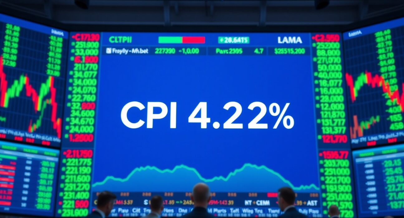 Digital stock market display showing CPI data and financial charts in a news studio
