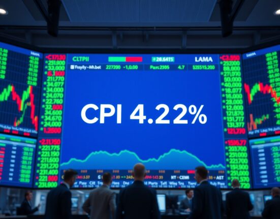Digital stock market display showing CPI data and financial charts in a news studio