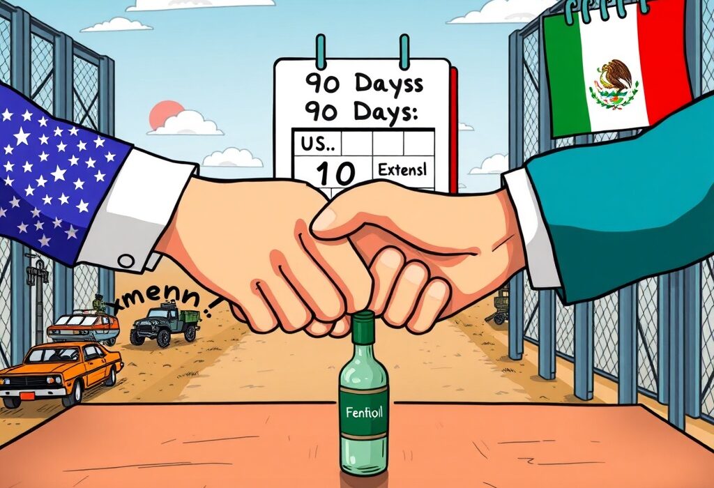 Cartoon illustration showing the crucial US Mexico Trade Deal extension and its impact on tariffs.
