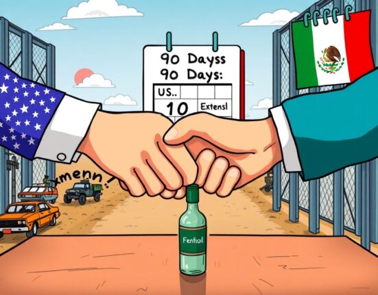 Cartoon illustration showing the crucial US Mexico Trade Deal extension and its impact on tariffs.