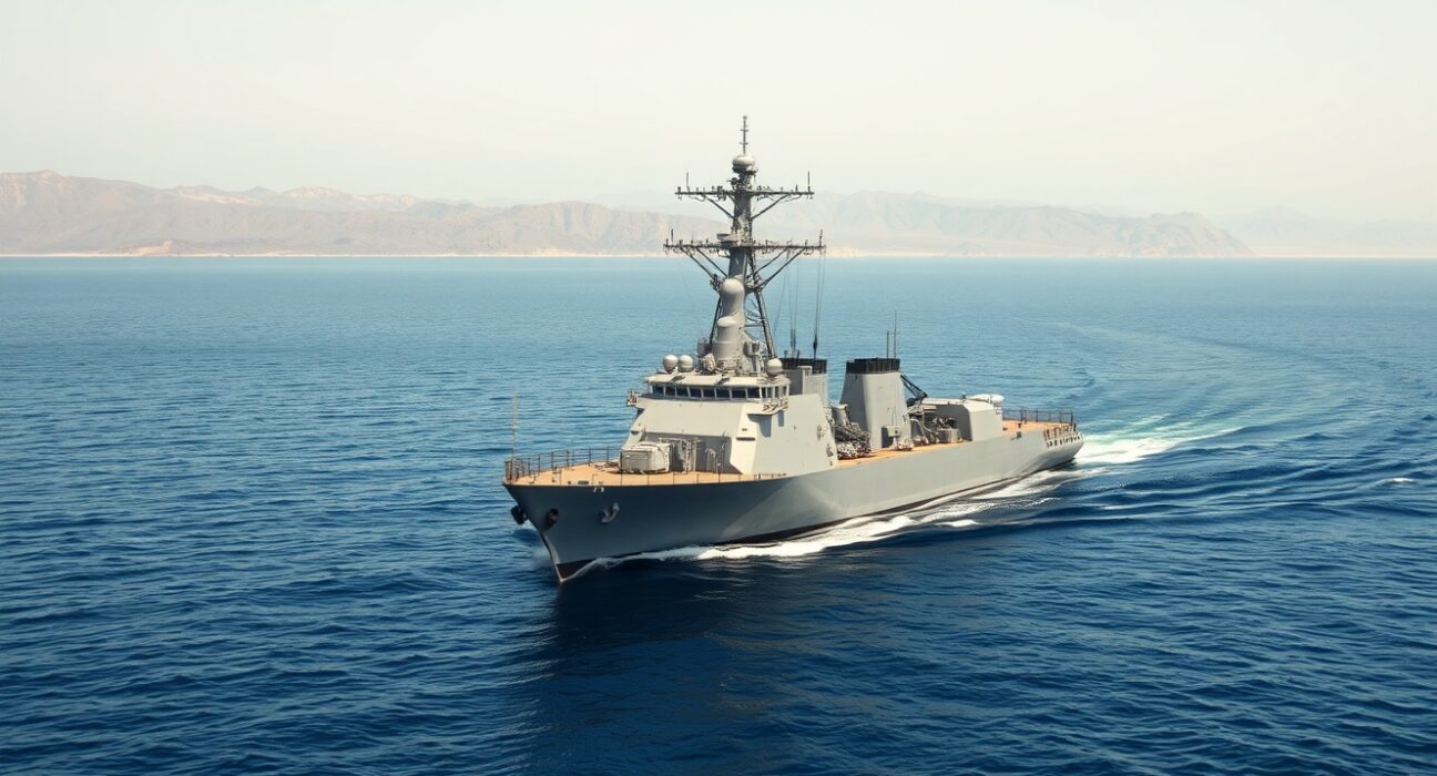 US Navy warship enforces military blockade of Iranian ports in the Strait of Hormuz.