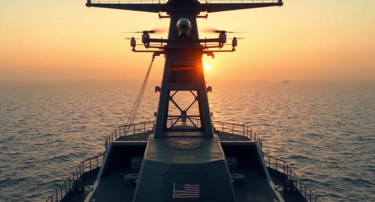 US military vessel in the Strait of Hormuz with an Iranian drone visible in the sky