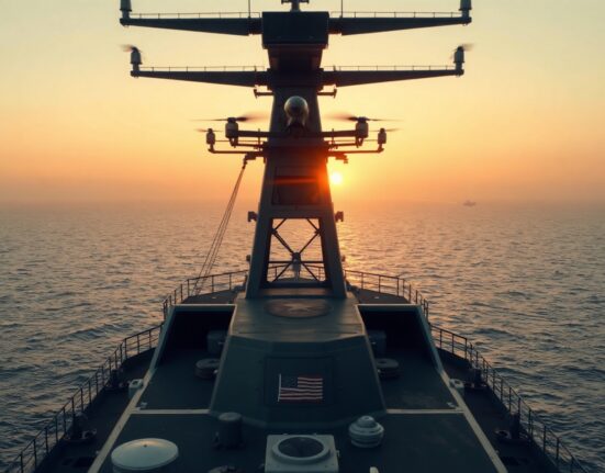 US military vessel in the Strait of Hormuz with an Iranian drone visible in the sky
