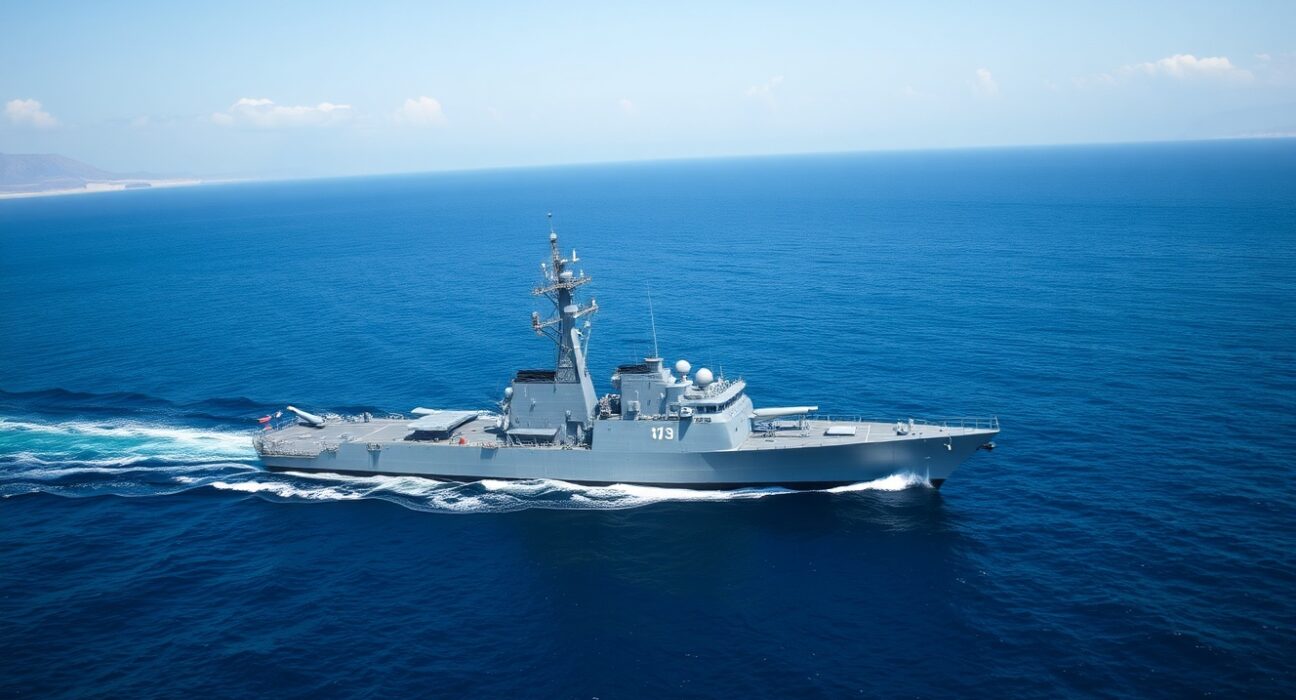 U.S. Navy destroyer enforcing maritime blockade on Iran in the strategic Strait of Hormuz.