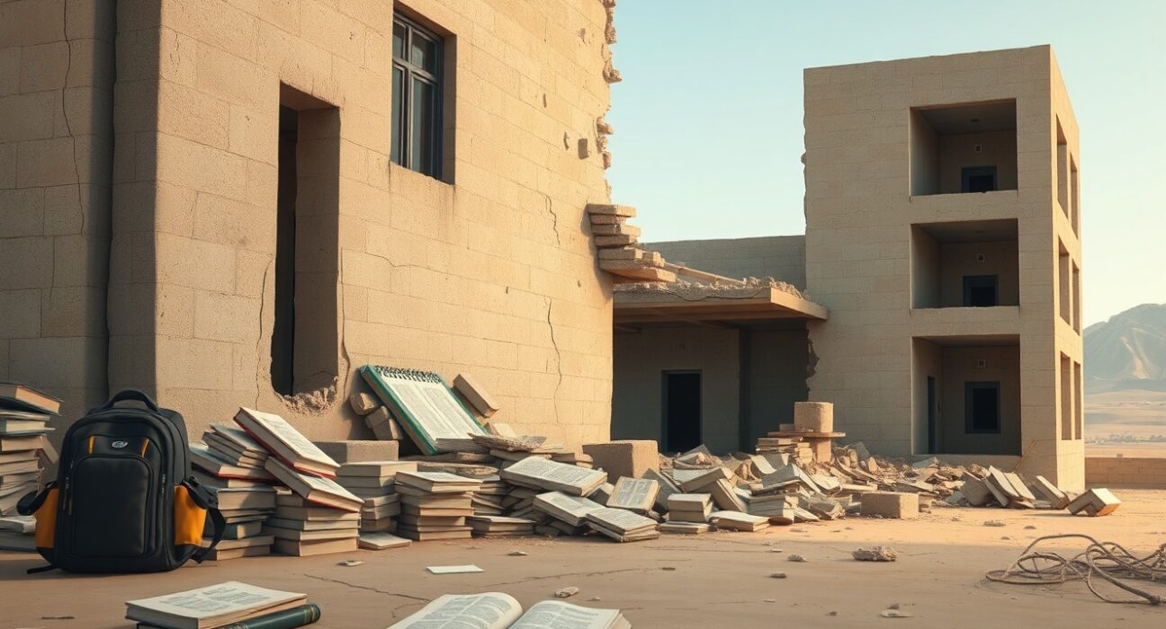 Aftermath of the mistaken U.S. military bombing of an Iranian school showing structural damage.