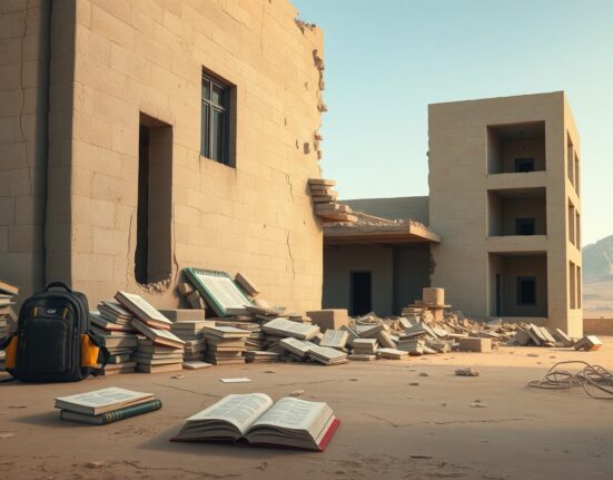 Aftermath of the mistaken U.S. military bombing of an Iranian school showing structural damage.