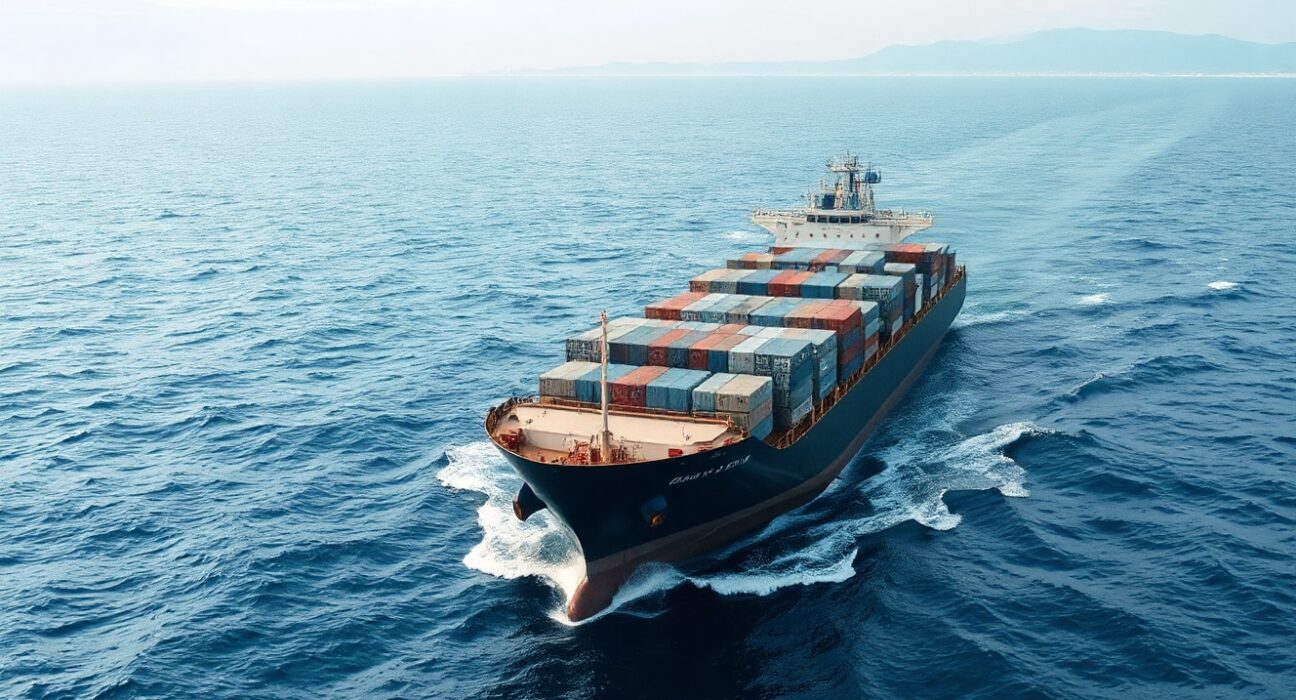 Cargo ship sailing toward Iranian coastline under overcast sky after U.S. lifts maritime blockade