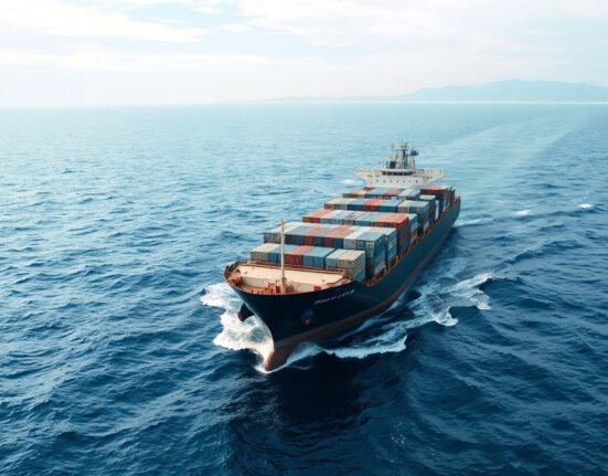 Cargo ship sailing toward Iranian coastline under overcast sky after U.S. lifts maritime blockade