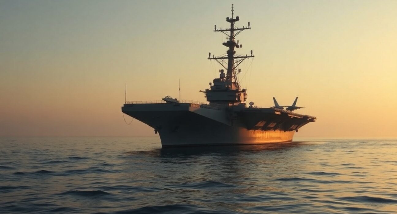 U.S. aircraft carrier in Middle Eastern waters at sunset, symbolizing military presence during diplomacy