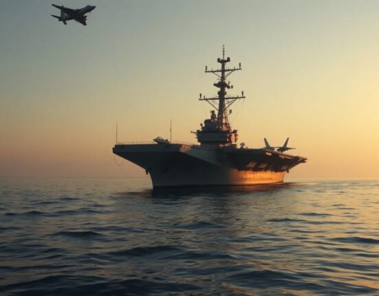 U.S. aircraft carrier in Middle Eastern waters at sunset, symbolizing military presence during diplomacy