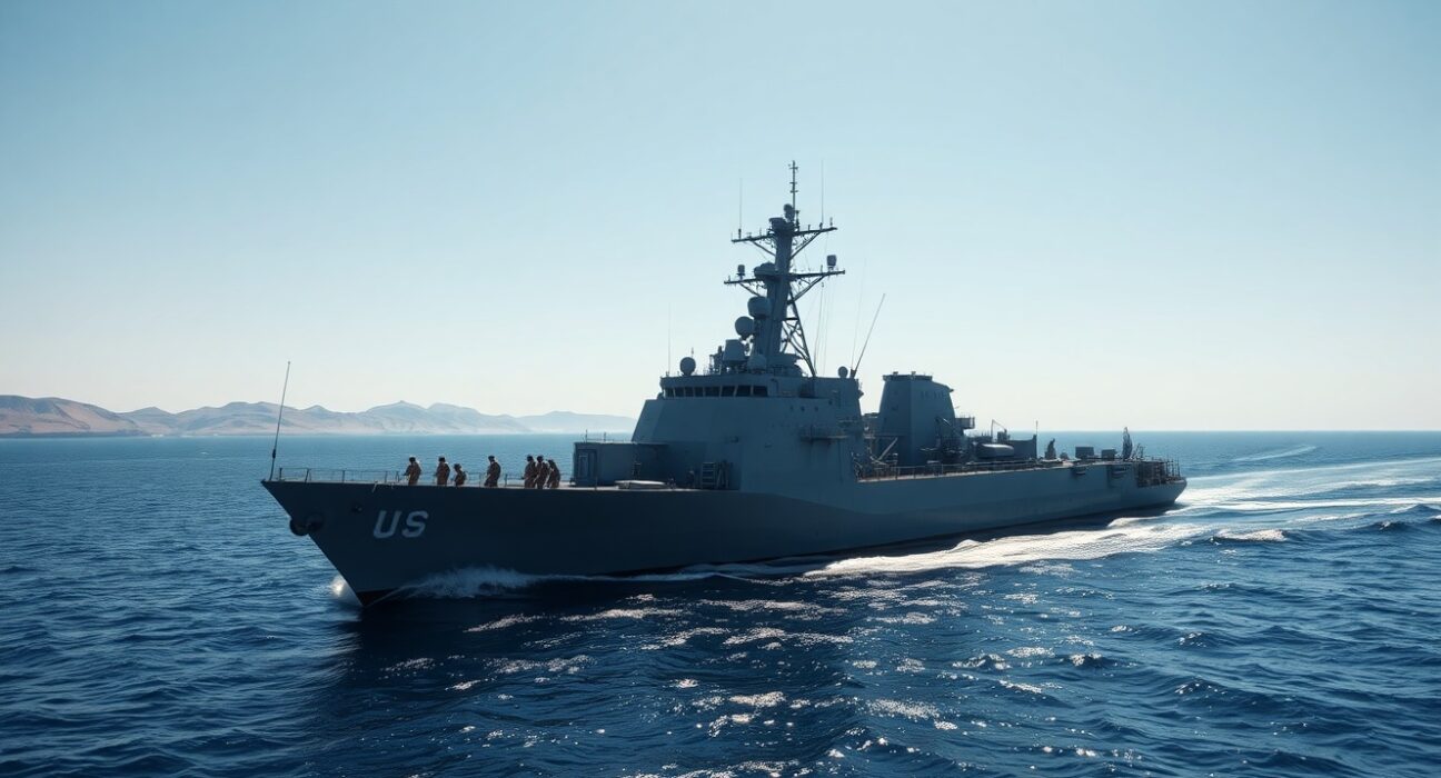A US Navy warship sailing in the Strait of Hormuz, representing readiness for a potential naval blockade of Iran.