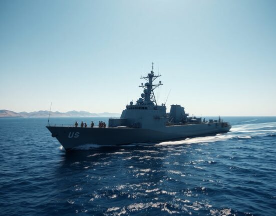 A US Navy warship sailing in the Strait of Hormuz, representing readiness for a potential naval blockade of Iran.