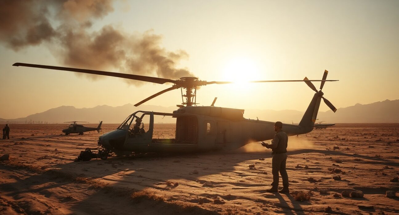 Wreckage of a US military helicopter in a desert area after being downed, with smoke rising in the background.