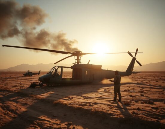 Wreckage of a US military helicopter in a desert area after being downed, with smoke rising in the background.
