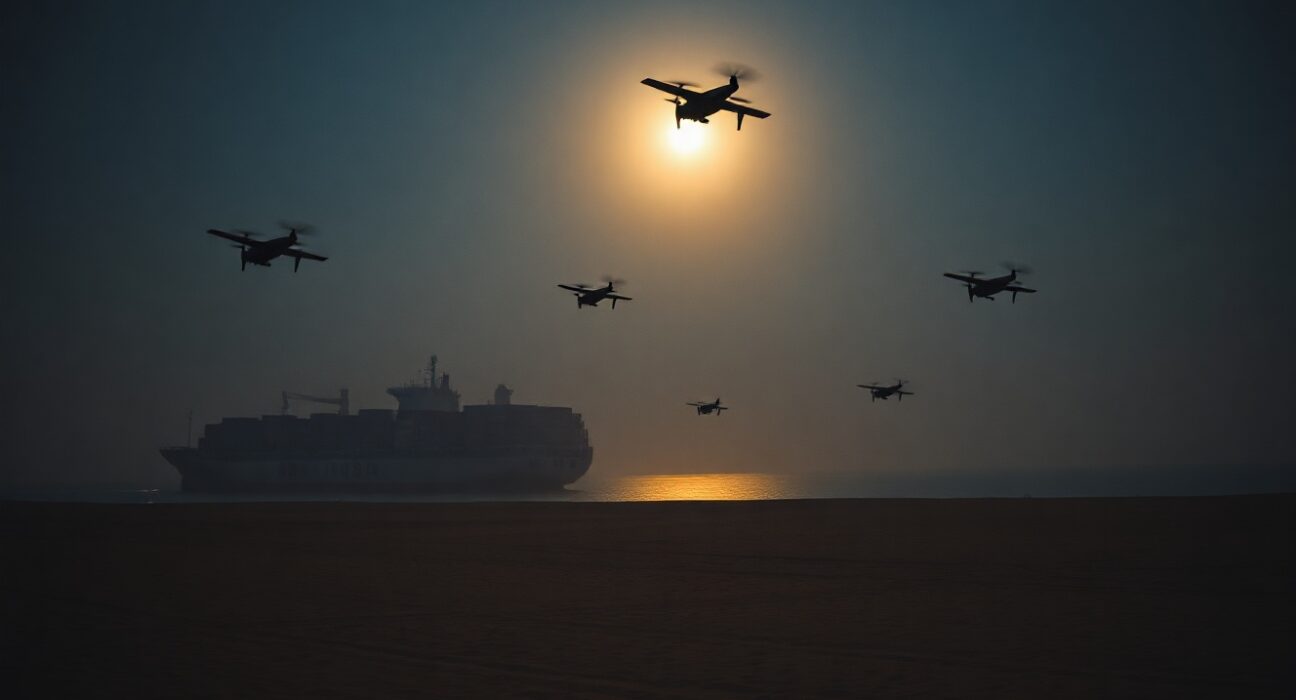 Night scene of US military action near Strait of Hormuz with drones and explosion