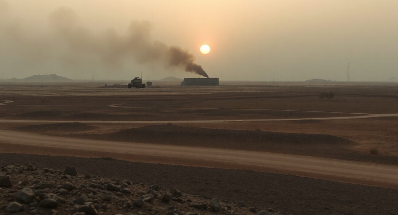 Plume of smoke rising from a military site in a desert landscape at dusk