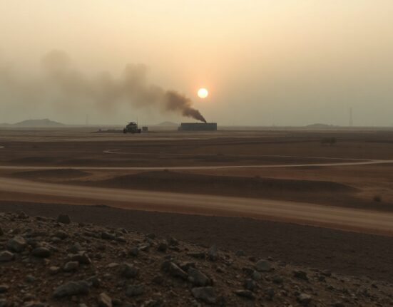 Plume of smoke rising from a military site in a desert landscape at dusk