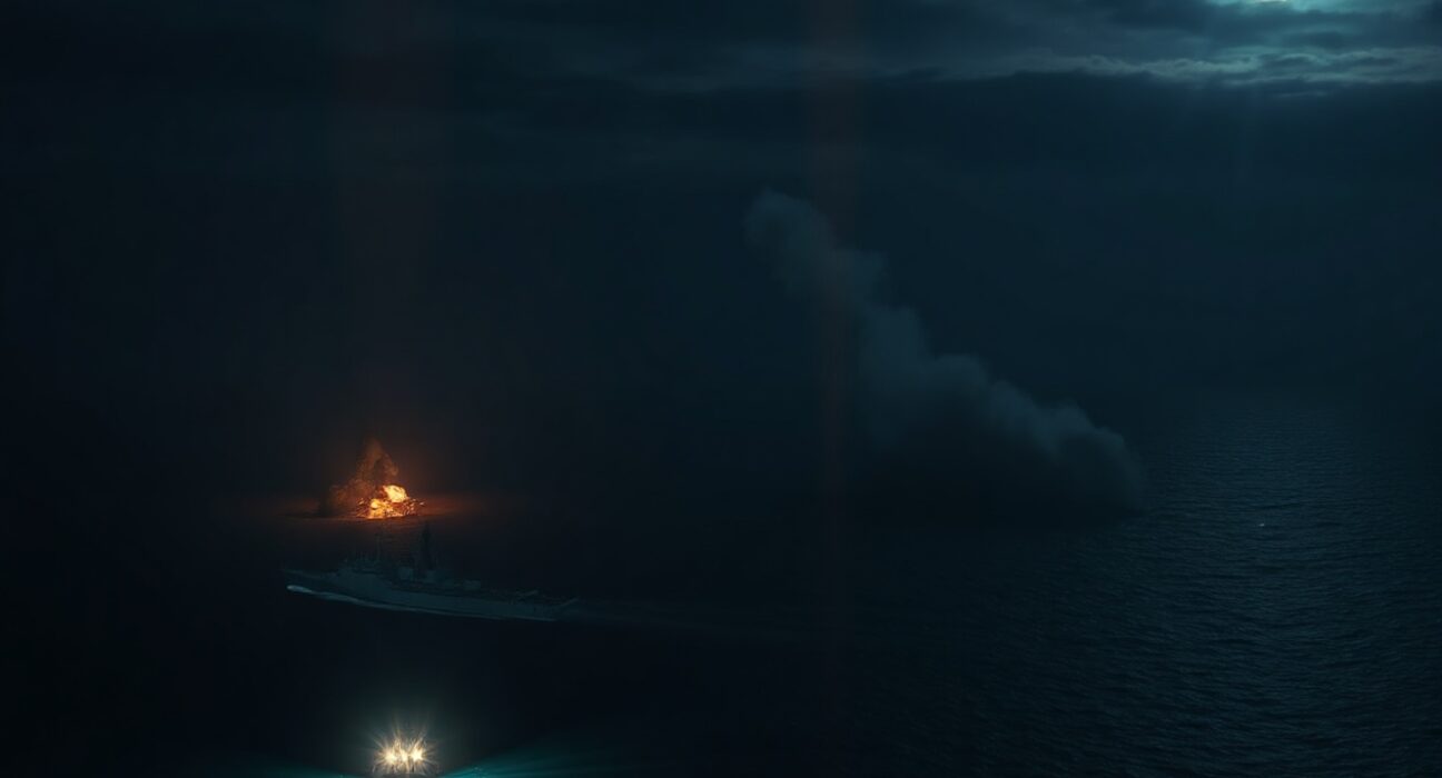 Nighttime aerial view of US naval operations in the Strait of Hormuz with explosions on the Iranian coastline.