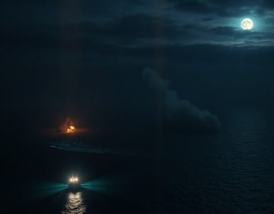 Nighttime aerial view of US naval operations in the Strait of Hormuz with explosions on the Iranian coastline.