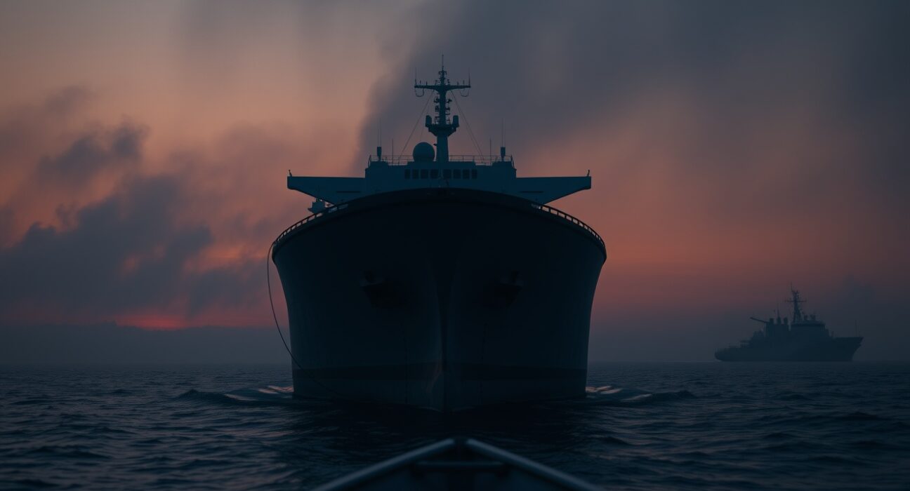 Oil tanker silhouetted near Strait of Hormuz at dusk with military vessel in background.