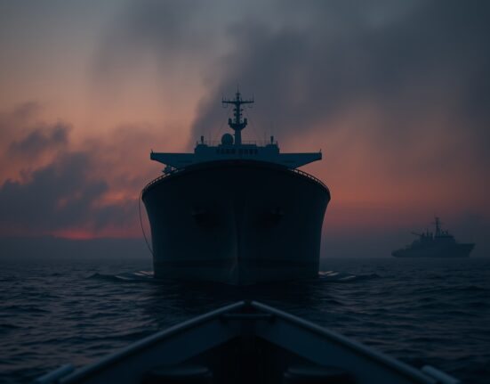 Oil tanker silhouetted near Strait of Hormuz at dusk with military vessel in background.