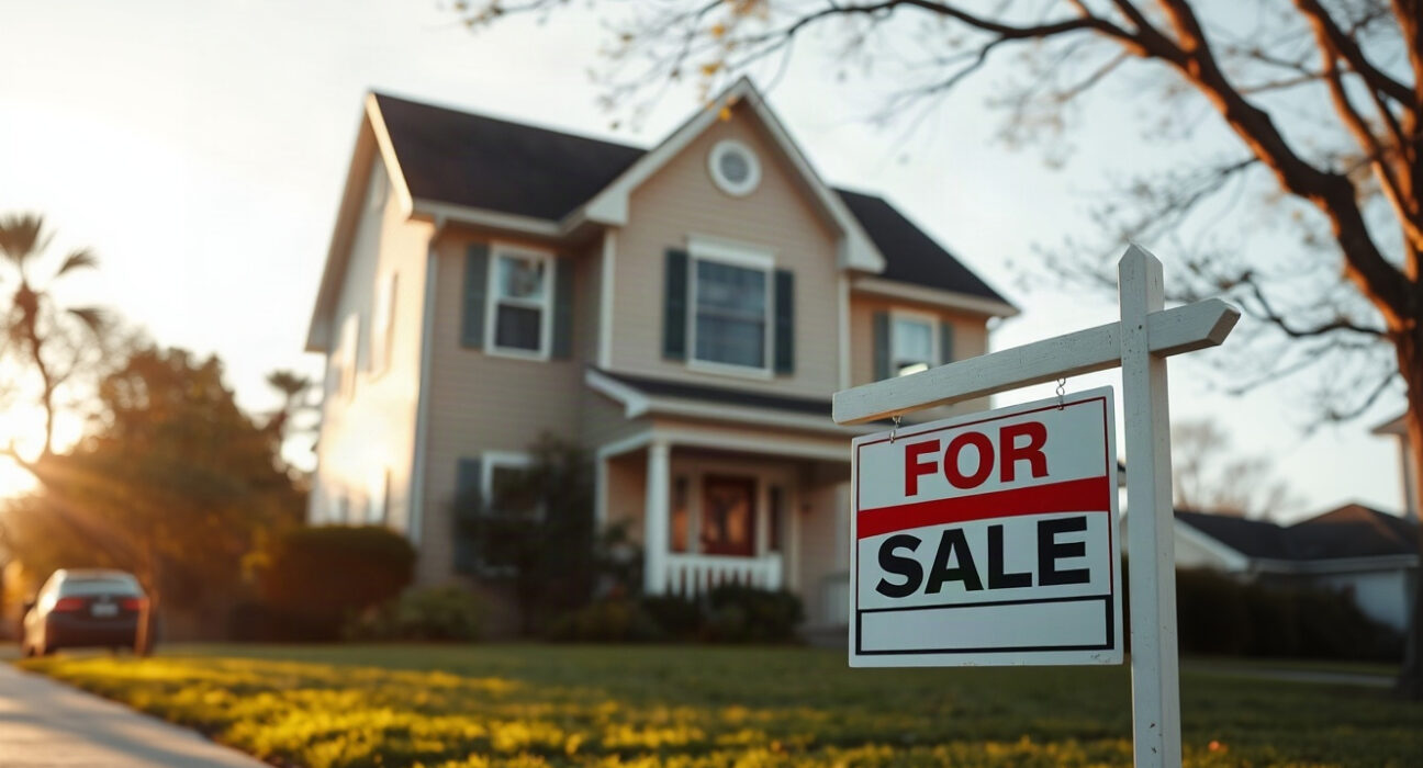 For sale sign in front of a suburban house under late afternoon light