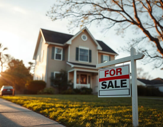For sale sign in front of a suburban house under late afternoon light