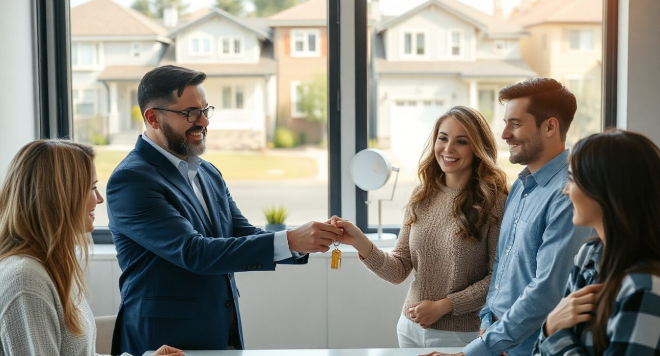 Real estate agent handing keys to a couple in an office with a view of houses, representing mortgage applications