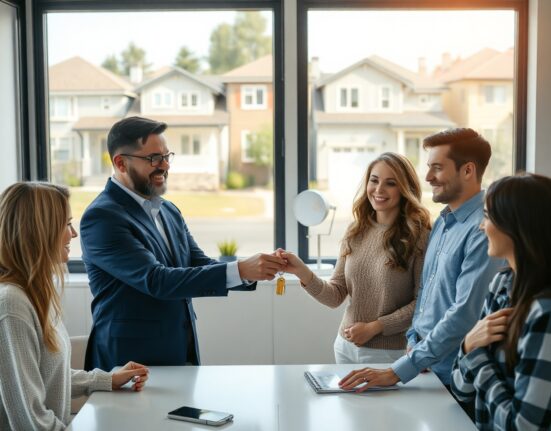 Real estate agent handing keys to a couple in an office with a view of houses, representing mortgage applications