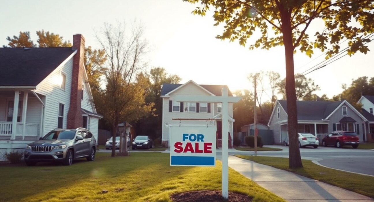 A residential street with a for-sale sign in front of a house, representing the US housing market and mortgage activity.