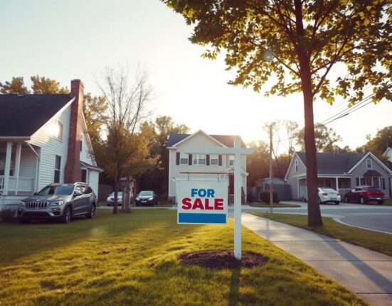 A residential street with a for-sale sign in front of a house, representing the US housing market and mortgage activity.