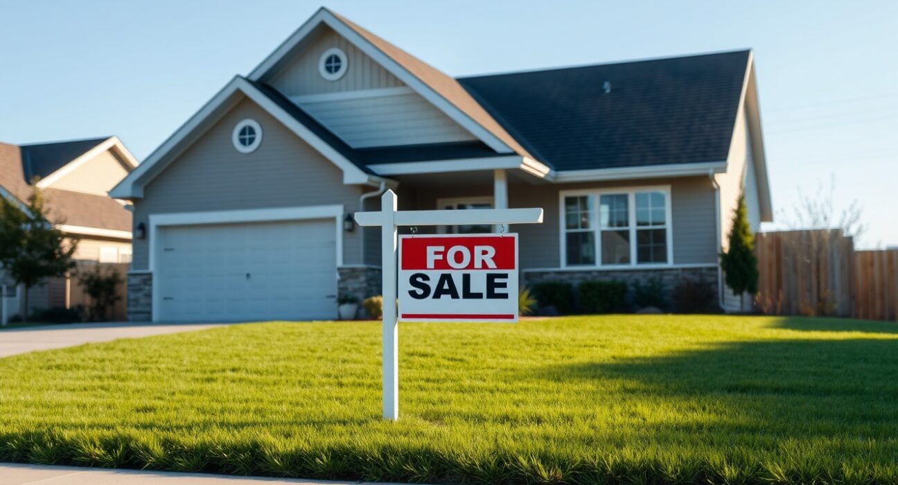 Suburban house with For Sale sign on a sunny day, representing the US housing market and mortgage activity.