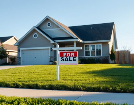 Suburban house with For Sale sign on a sunny day, representing the US housing market and mortgage activity.