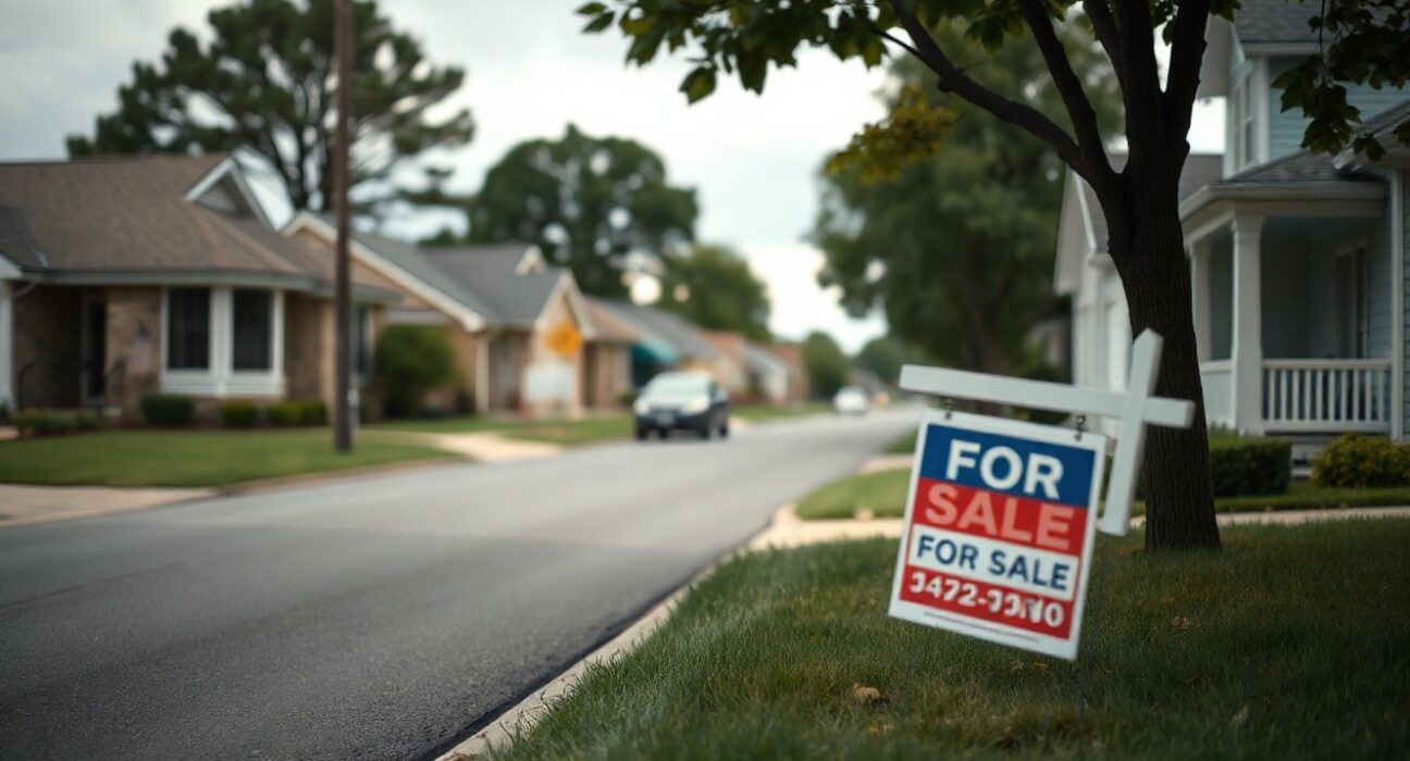 Overcast view of a quiet suburban street with a 'For Sale' sign in front of a house, representing a cooling housing market.