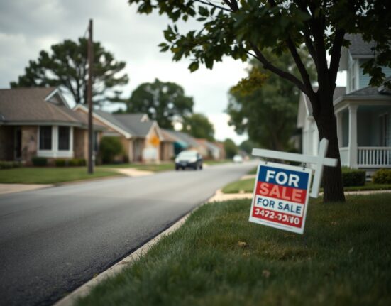 Overcast view of a quiet suburban street with a 'For Sale' sign in front of a house, representing a cooling housing market.