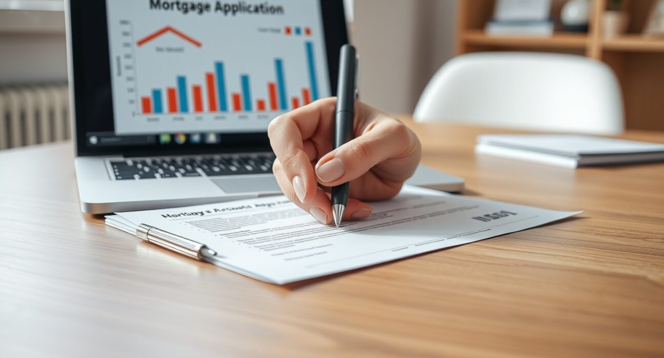 Hand signing a mortgage application on a desk with a laptop and housing chart in the background.
