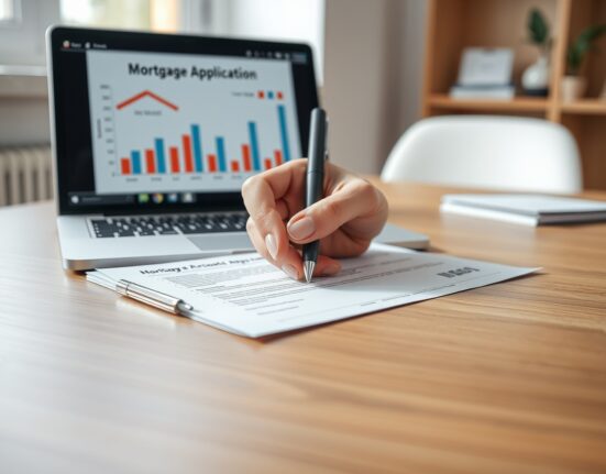 Hand signing a mortgage application on a desk with a laptop and housing chart in the background.